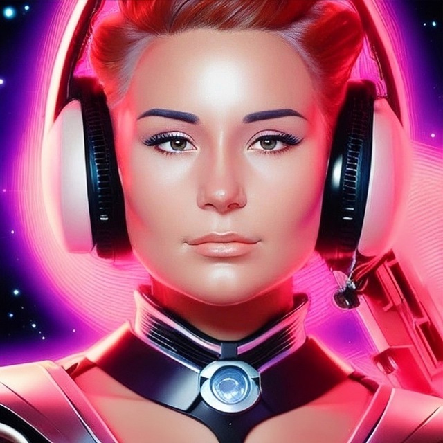 Portrait of a woman in a futuristic suit with headphones, set against a cosmic background with vibrant lights